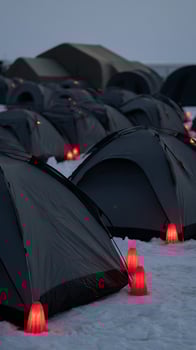 Winter Camp Under Red Lights Cozy Tents Waiting For The Night. photo
