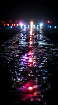 Reflecting City Lights on a Wet Road at Night. photo