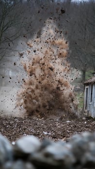 Dramatic Explosion of Earth and Debris Near Old Building. photo