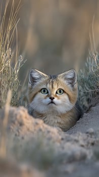 Adorable sand cat peeks out from its desert burrow. photo