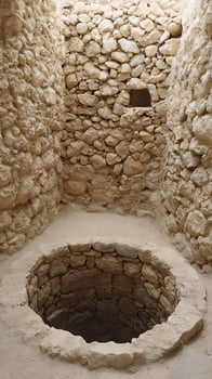 Ancient Stone Well With Rough Textured Walls And Earthy Floor. photo
