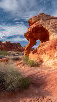 Unique Rock Formation Sculpted by Nature Under a Blue Sky. photo