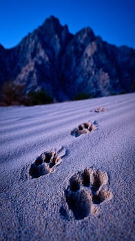 Animal tracks in the sand with mountains in the background at dusk. photo