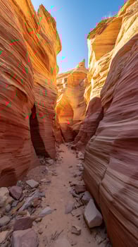 Striking Orange and Red Sandstone Canyon Under Bright Blue Sky. photo