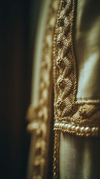 Luxurious Gold Trim and Pearls on Fabric Close Up. photo