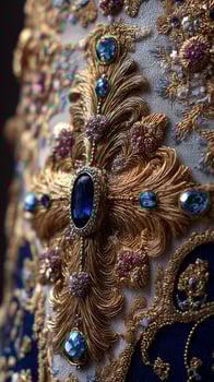 Intricate Golden Embroidery with Blue Gemstones and Royal Blue Fabric. photo