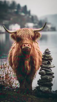 Majestic Highland Cow Stands Beside a Serene Lake and Stone Cairn. photo