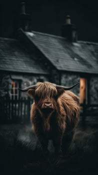 Majestic Highland Cow Stands Proudly Near a Rustic Scottish Cottage photo