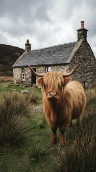 Highland Cow Standing Near An Old Stone Cottage in Moody Weather. photo