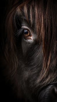 Majestic Highland Cow Eye Peeking Through Shaggy Fur. photo