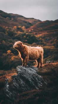 Majestic Highland Cow Stands Proudly on a Rocky Ridge at Sunset. photo
