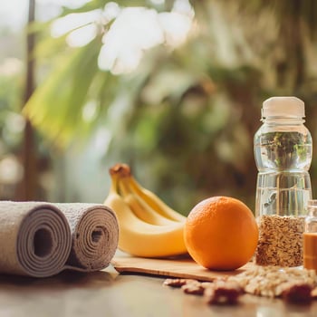 Healthy Morning Fuel Yoga Mat, Bananas, Orange, and Oats Ready to Go. photo