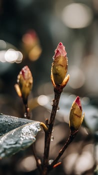 Gentle Dew Drops Cling to Emerging Spring Flower Buds. photo