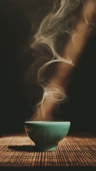Soothing steam rises from a warm cup on a tranquil mat. photo