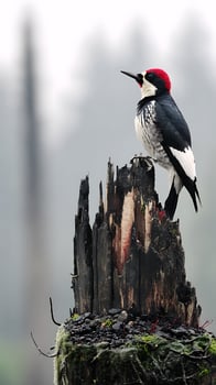 Striking Acorn Woodpecker Perched on Charred Tree Stump in Misty Forest. photo