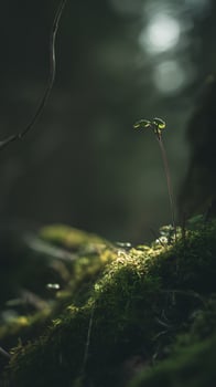 Tiny Sprout Bathed in Forest Sunlight, Symbolizing Hope and New Beginnings. photo