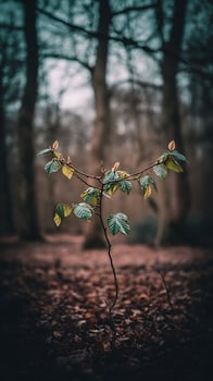 Lone Young Sapling Emerges from Forest Floor in Moody Light. photo