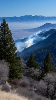 Smoke rises from a controlled burn on a forested mountain slope. photo