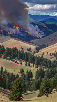 Wildfire rages across a lush green forested mountainside with dramatic smoke clouds. photo