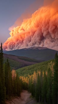 Massive wildfire smoke cloud engulfs the mountain landscape at sunset. photo