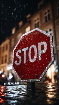 Rainy Night Stop Water Droplets on a Street Sign. photo
