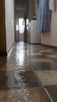 Wet Floor Hallway With Reflection Of Washing Machine. photo