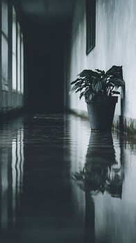 Dark Corridor Reflections of a Potted Plant and Light. photo