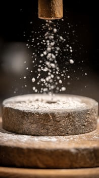 Rustic Flour Grinding Stone in Action with Dusting of Fine White Flour. photo