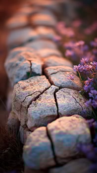 Sunlight bathes ancient stone wall beside delicate purple wildflowers. photo