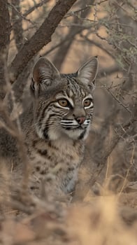 Bobcat peeking through brush with intense amber eyes. photo