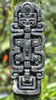 Ancient Stone Sculpture Covered in Wet Moss in a Lush Forest Setting. photo