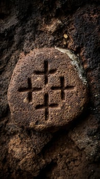Ancient Cross Carving Etched into Dark Volcanic Rock Texture. photo