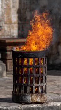 Roaring Flames Blaze within an Ancient Wooden Torch Holder. photo