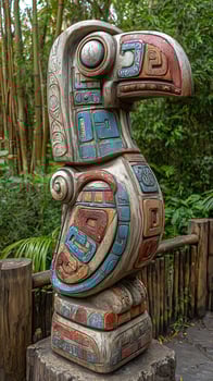 Ancient Wooden Totem Pole Carving with Vivid Colors in Natural Setting. photo