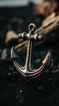A Maritime Anchor Resting on Dark Sandy Shores. photo