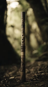 Ancient Wooden Flute in a Mystical Forest Setting. photo