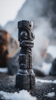 Ancient stone carving stands guard in misty, rocky landscape. photo