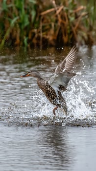 Duck Takes Flight Creating Splash In Pond Water With Wet Feathers. photo
