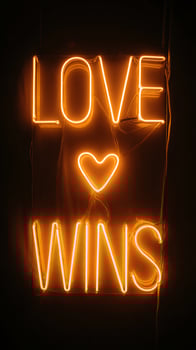 Glowing Neon Sign With Love Wins Message Illuminates The Night. photo