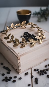 Golden Laurel Wreath and Coffee Beans on a Wooden Crate Background. photo