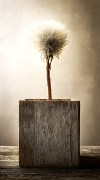 Delicate Dandelion Seed Head in Rustic Wooden Planter with Soft Light. photo