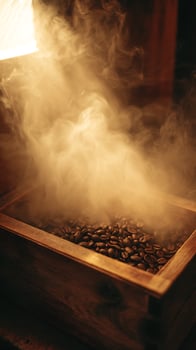 Freshly Roasted Coffee Beans in Warm Light with Swirling Steam. photo