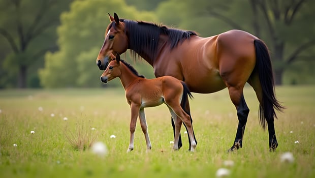Brown Foal Standing with Mother in Spring Meadow Scene photo