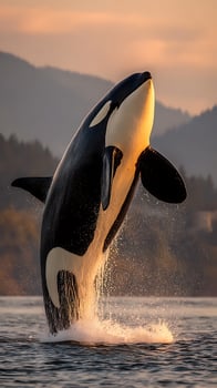 Majestic Orca Whale Leaping Out of Water at Sunset. photo