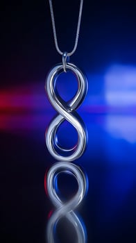 Sleek Infinity Symbol Necklace Gleaming Against Dramatic Blue and Red Lighting. photo