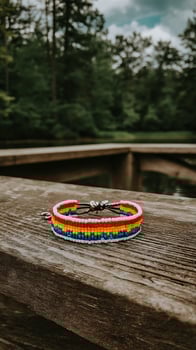 Colorful Rainbow Bracelet on Wooden Pier by the Water. photo