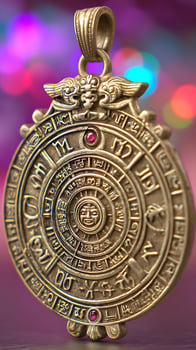 Ancient Golden Amulet with Mysterious Symbols and Red Gemstones. photo