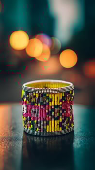 Vibrant beaded bracelet with glowing bokeh background. photo