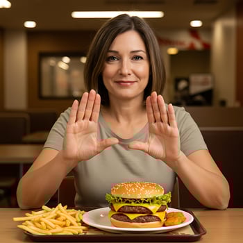 A woman sitting at a table with a burger and fries photo