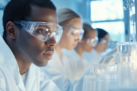 Diverse group of detail centerers collaborating in a high-tech optical laboratory wearing safety gear photo